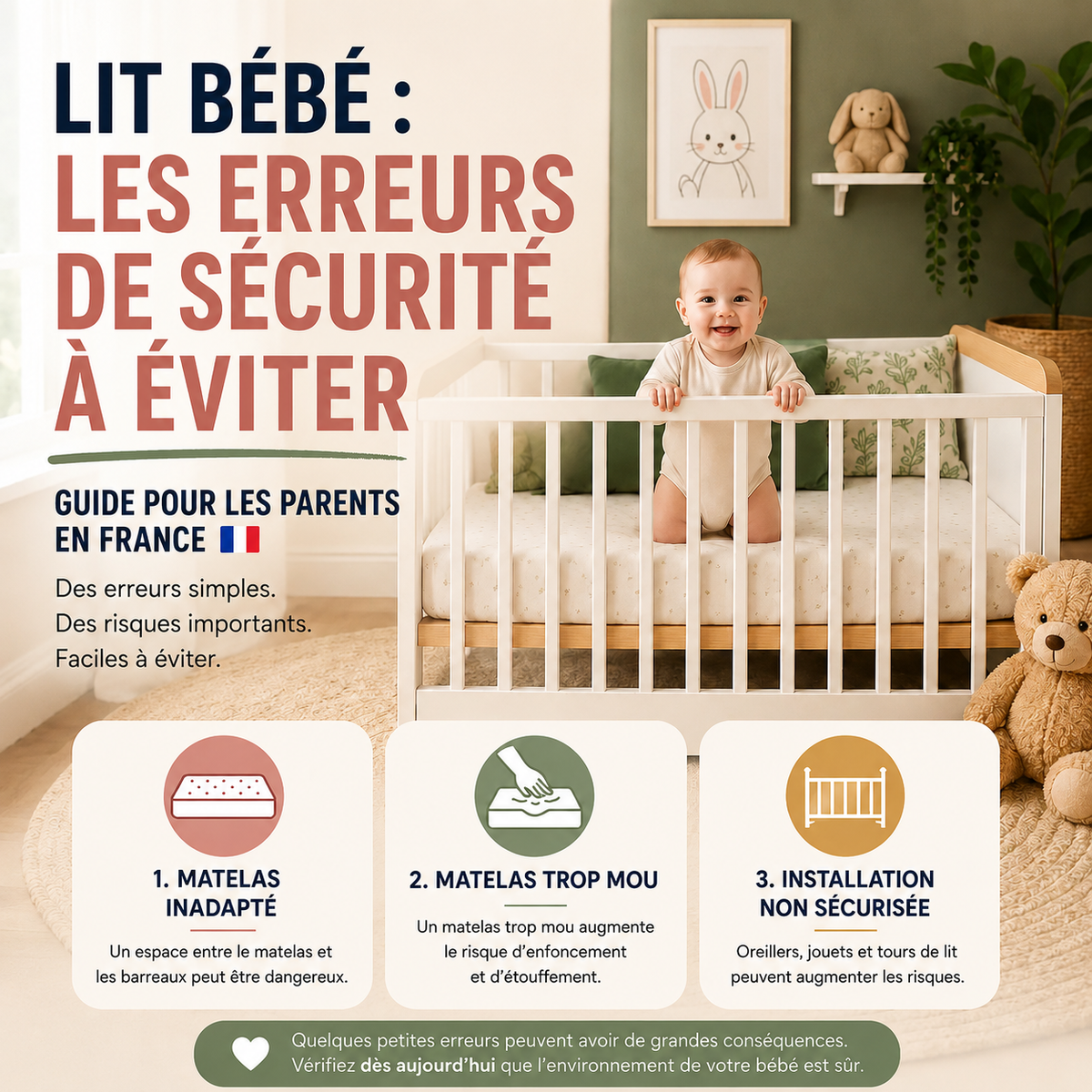 Guide de sécurité du lit bébé avec conseils pour éviter les erreurs courantes de couchage.