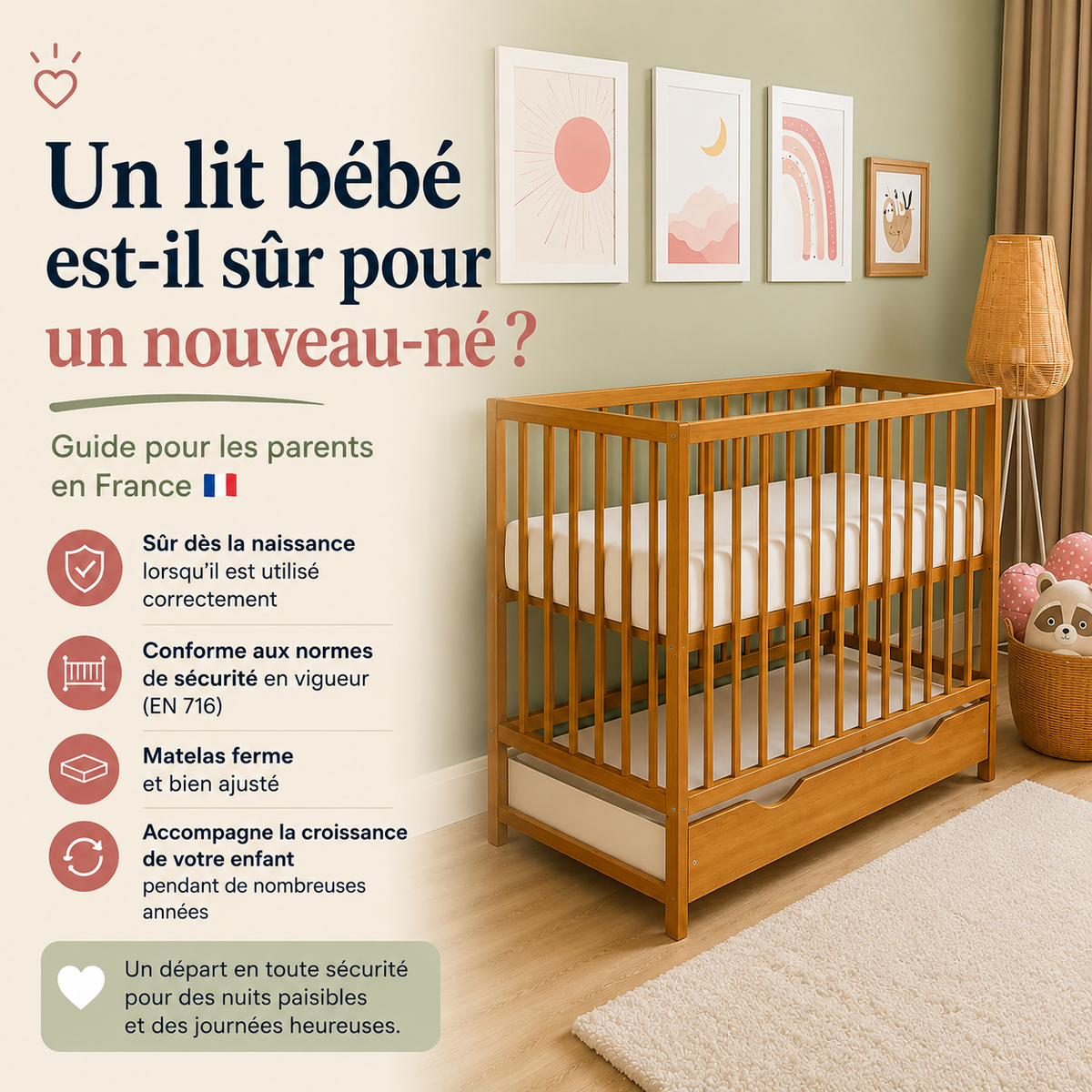 Lit bébé en bois pour nouveau-né dans une chambre de bébé moderne.