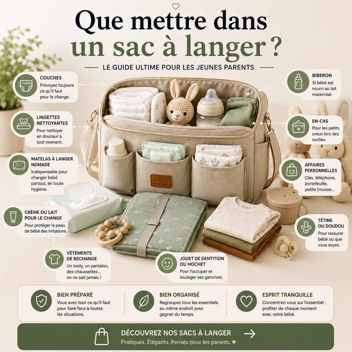 Sac à langer avec tous les essentiels pour bébé lors des déplacements.