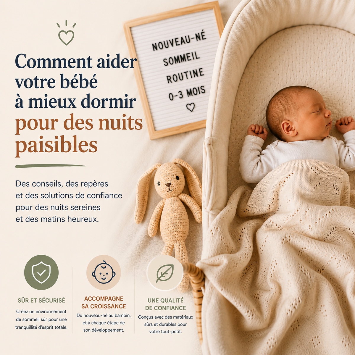 Nouveau-né endormi dans un berceau, guide sommeil 0 à 3 mois.