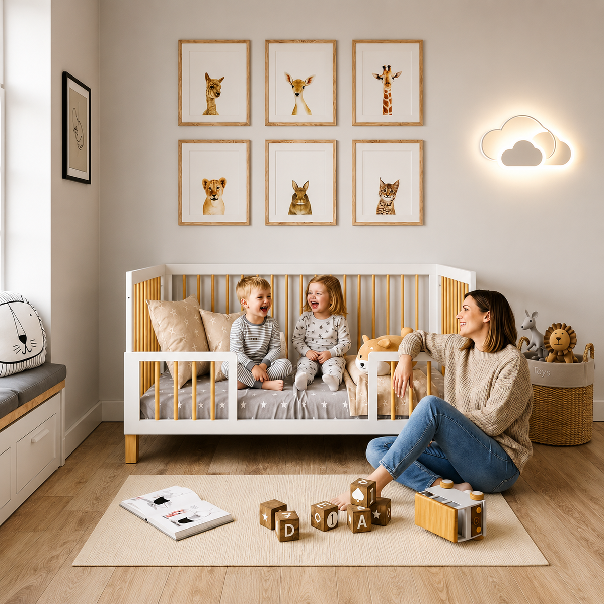 Deux enfants sur un lit bébé évolutif dans une chambre d’enfant moderne.