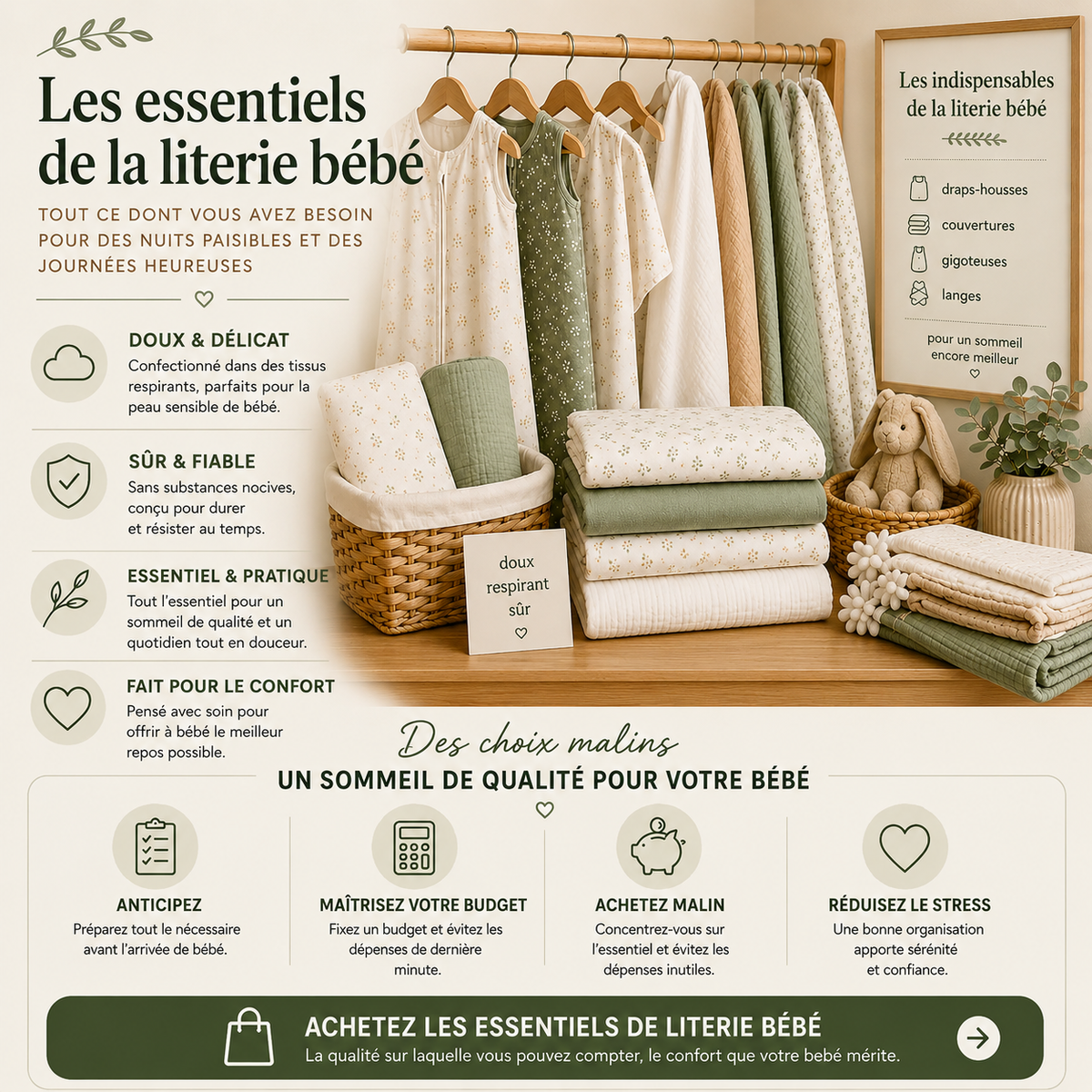 Essentiels de la literie bébé pour un sommeil confortable et sécurisé.