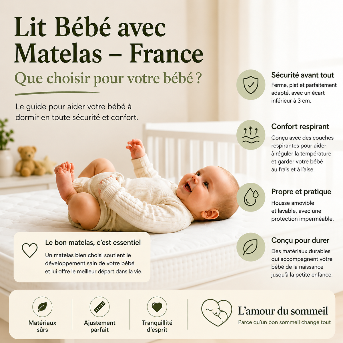 Bébé allongé sur un matelas de lit bébé sûr et confortable.