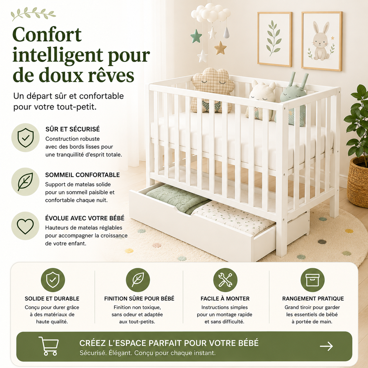 Lit bébé blanc avec tiroir de rangement dans une chambre de bébé moderne.