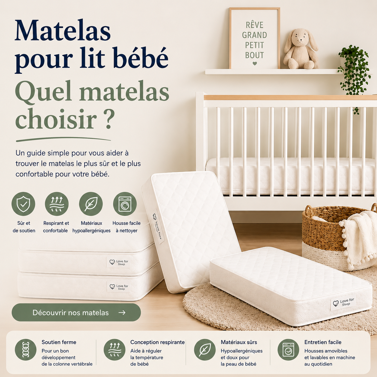 Matelas pour lit bébé dans une chambre de bébé moderne et lumineuse.
