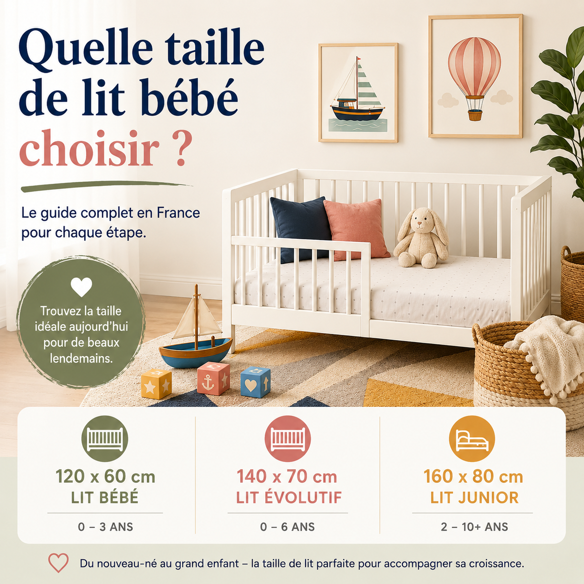 Guide des tailles de lits bébé et lits évolutifs pour enfants.