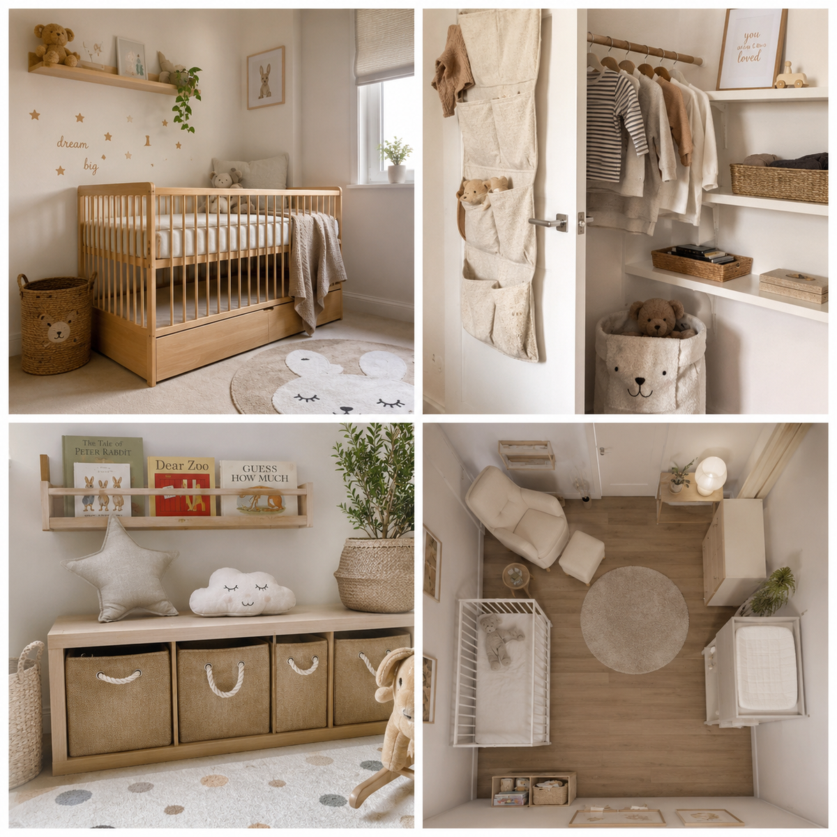 Idées de rangement et d’aménagement pour une petite chambre de bébé.