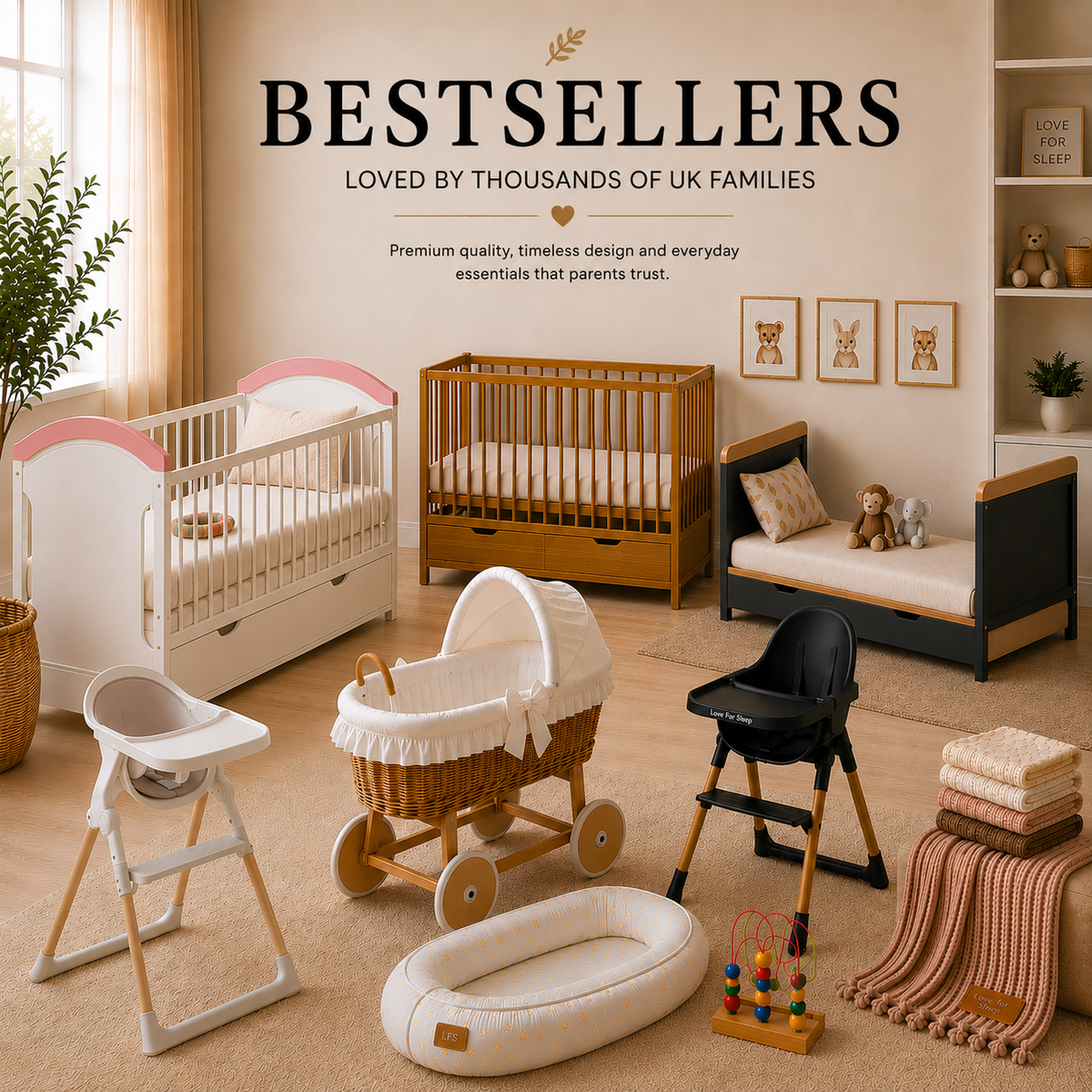 Love For Sleep bestselling nursery furniture collection featuring a white cot bed, oak cot bed, black toddler bed, white floor bed, Moses basket, baby nest, high chair, learning tower and knitted baby blanket in a modern Scandinavian nursery.