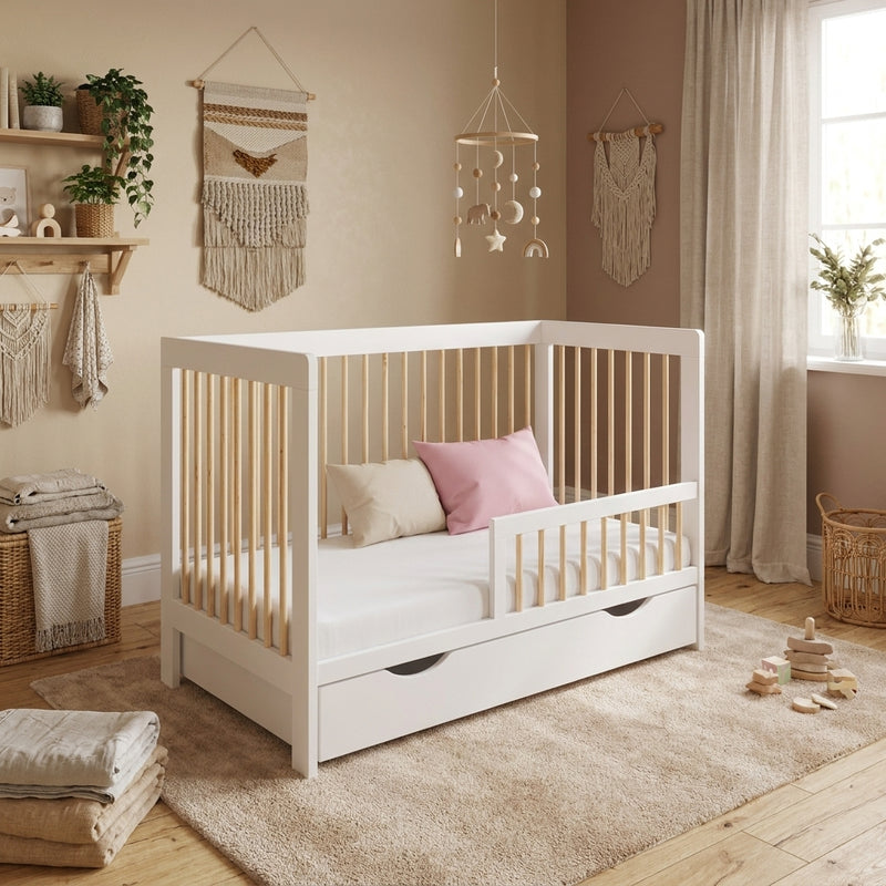 LUCA Lit Bébé Évolutif avec Tiroir 120 x 60 cm – Bois Massif & Sommier Réglable