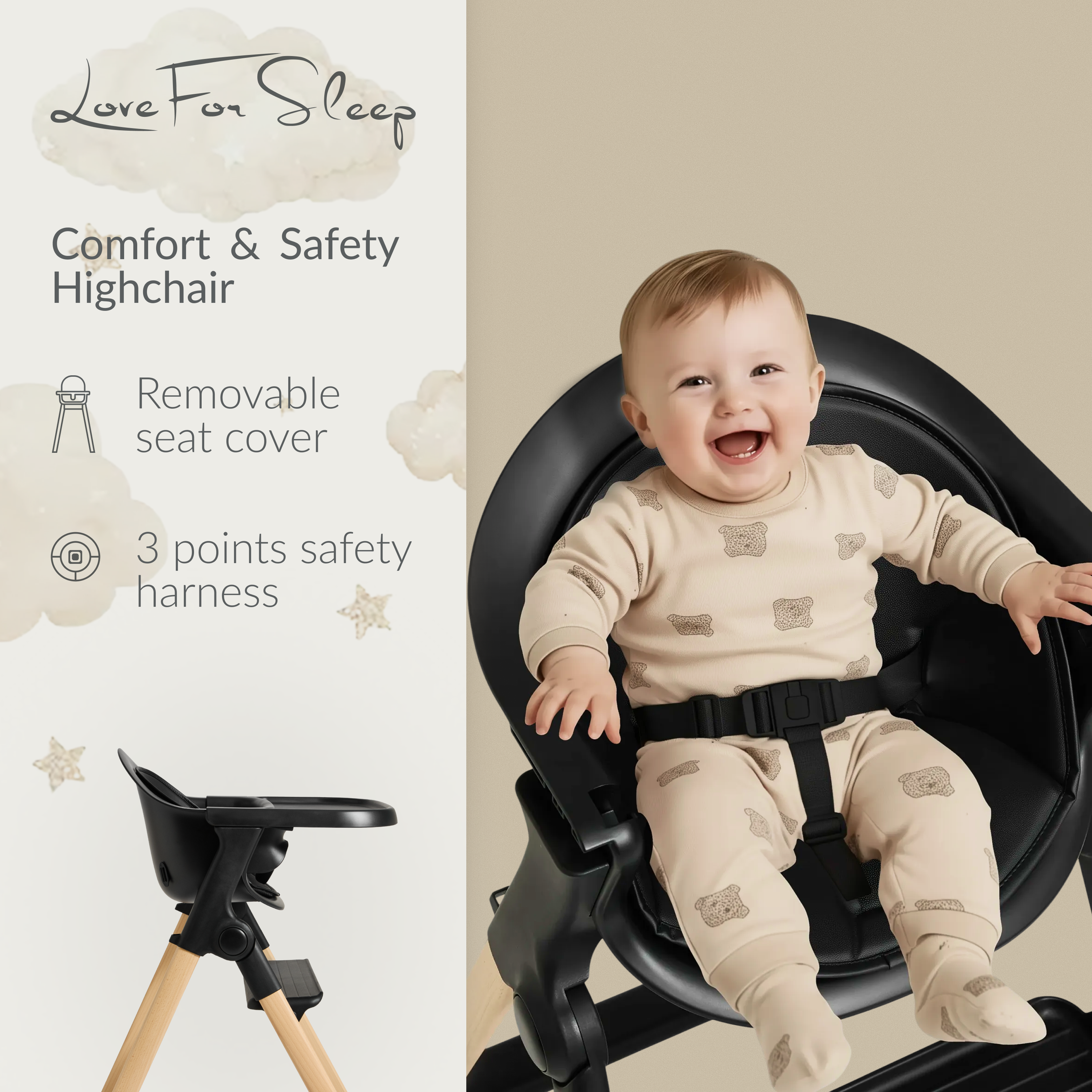 Chaise haute pliable pour bébé et tout-petit Love For Sleep avec plateau