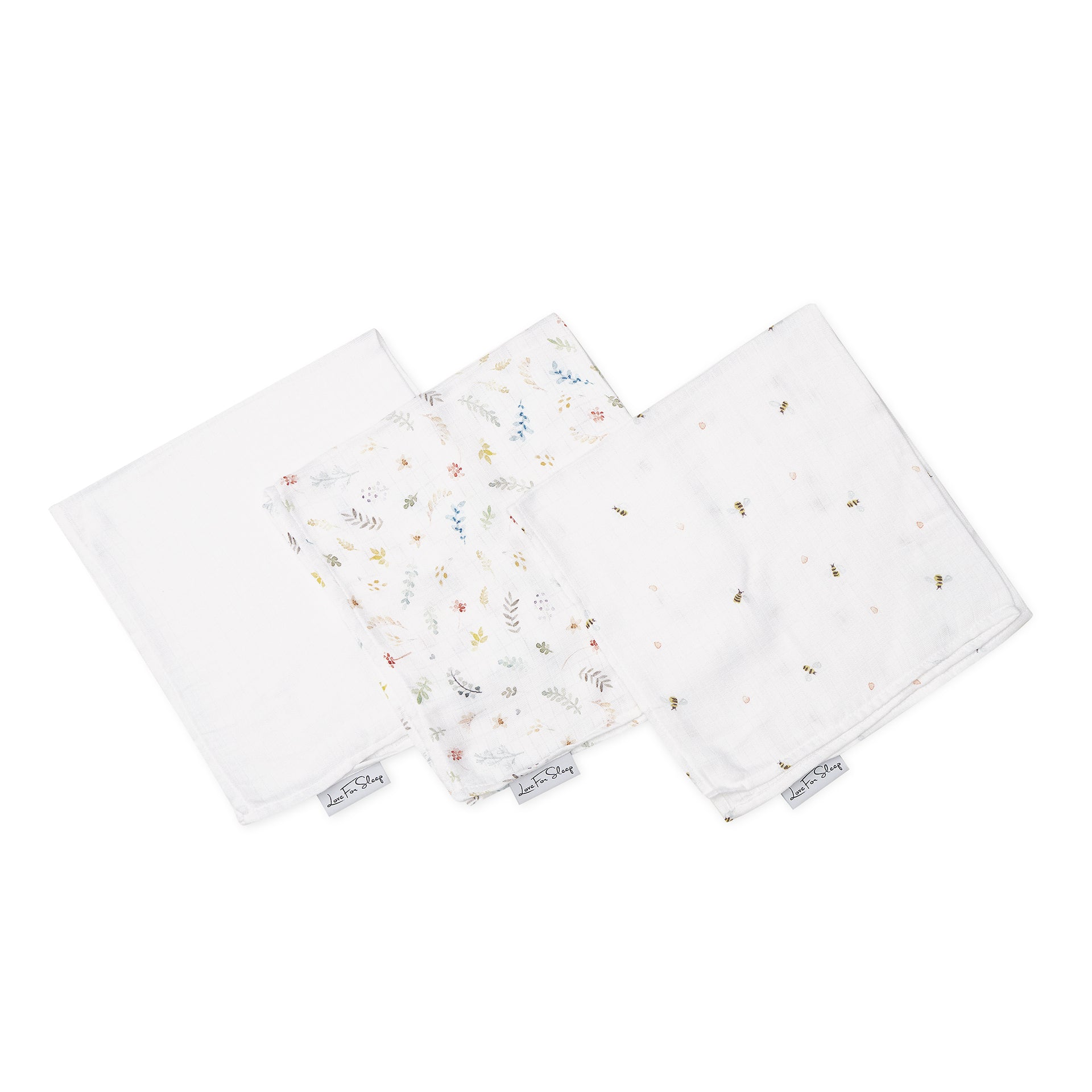 Carrés de mousseline de bambou pour bébé Love For Sleep Carrés de mousseline de bambou abeilles, prairies et blanc (paquet de 3) - Langes douces pour bébé