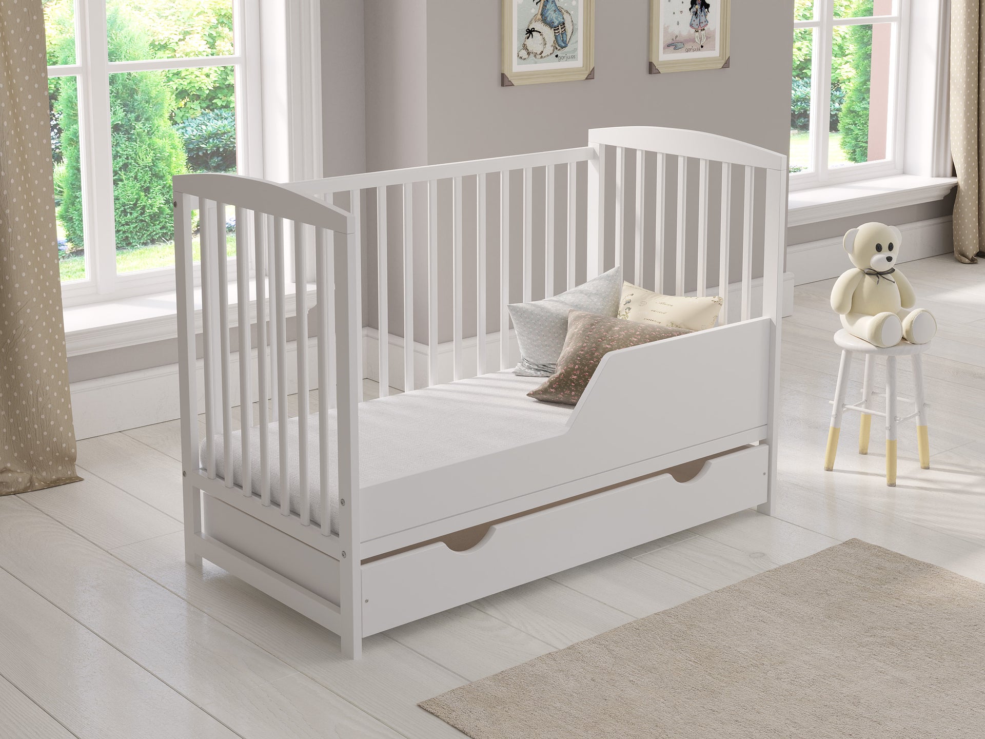 Love For Sleep baby Cot Bed White JACOB Cot Bed 120x60cm with Drawer & Mattress