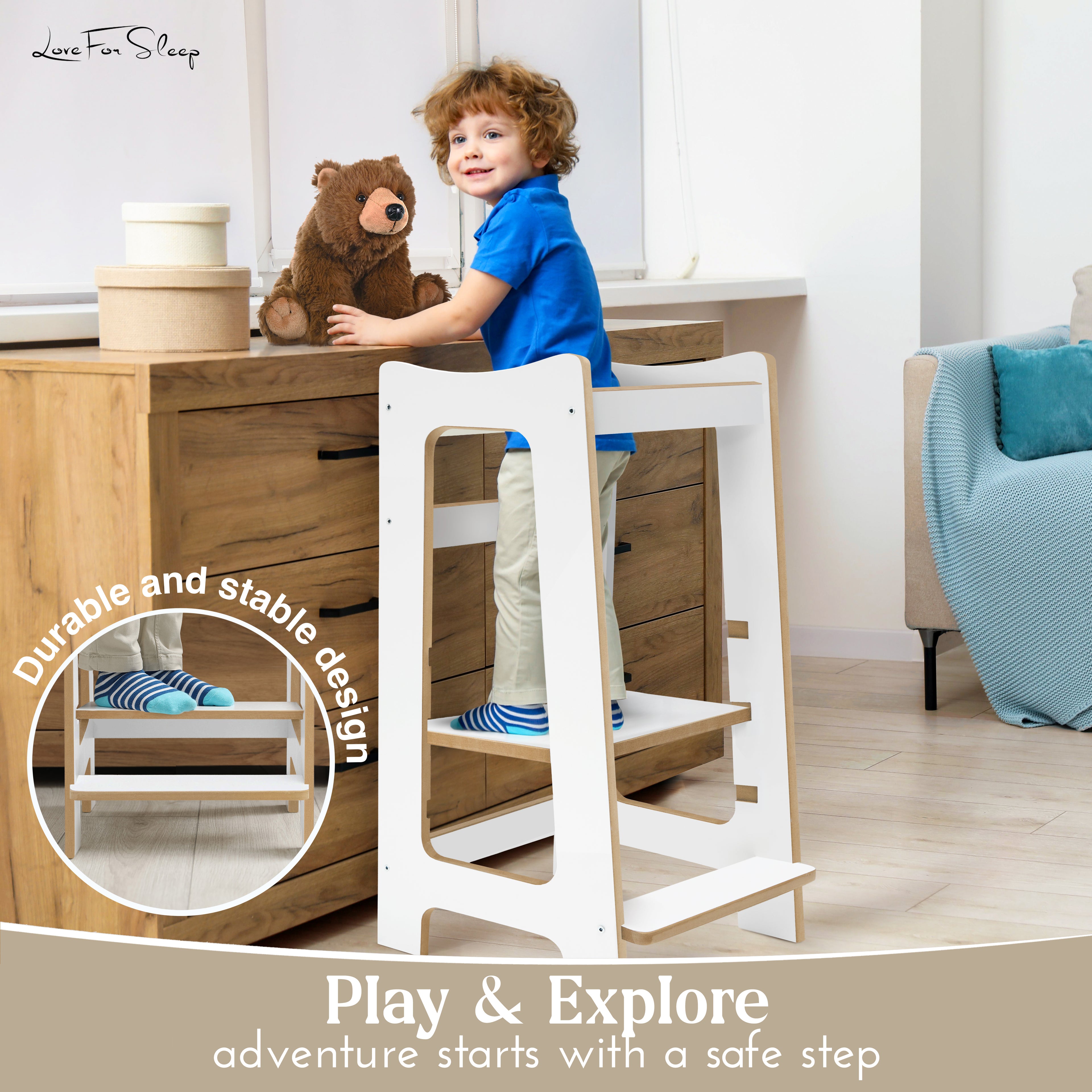 Love For Sleep baby Kitchen Helper Montessori Learning Tower – Adjustable Wooden Kitchen Step Stool for Toddlers | Modern ONE