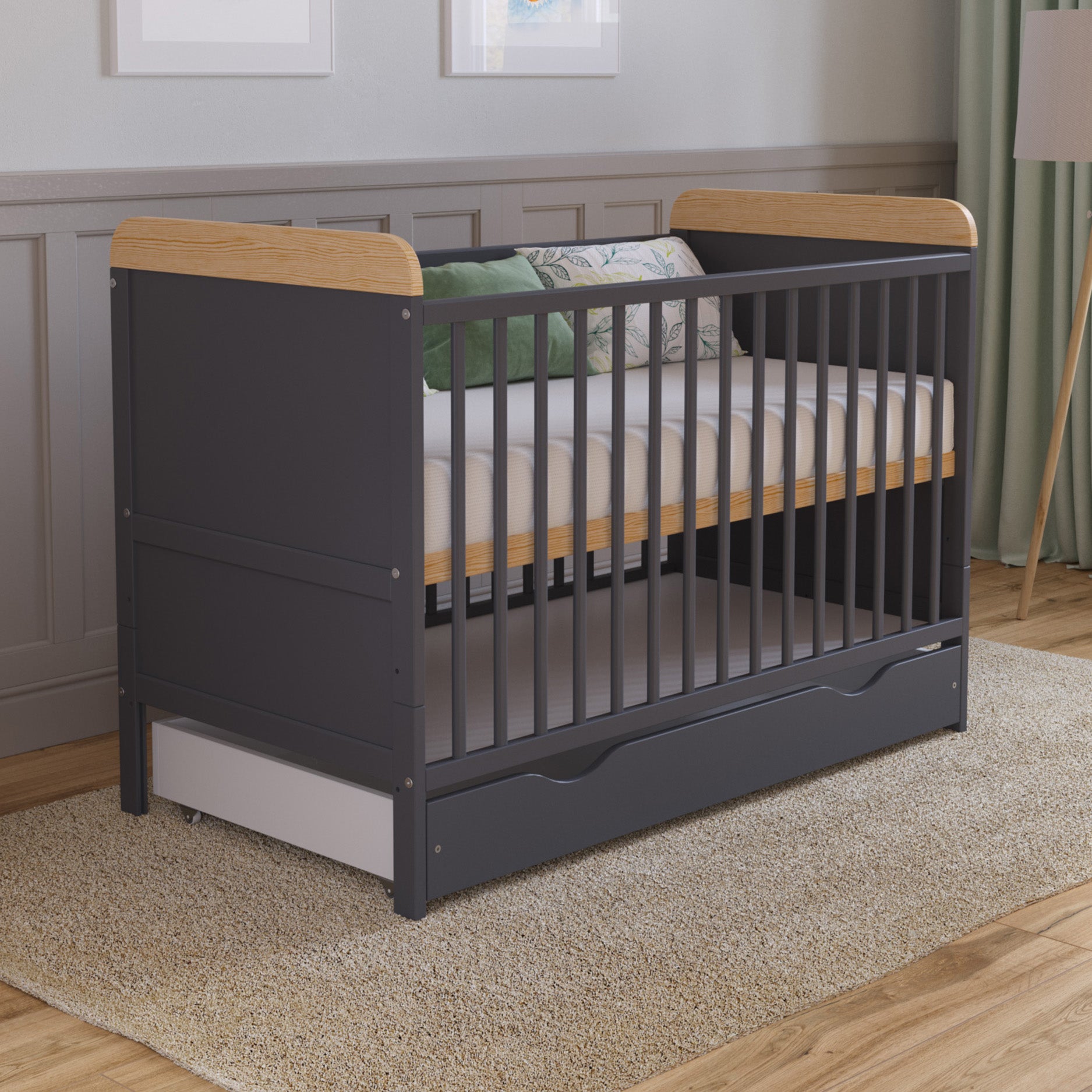 Lit bébé Love For Sleep Lit bébé LEVI en pin anthracite 120x60cm avec tiroir