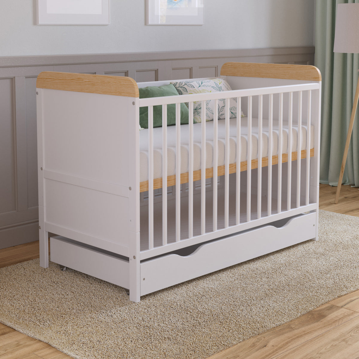 Love For Sleep baby Cot Bed White Pine LEVI Cot Bed 120x60cm with Drawer
