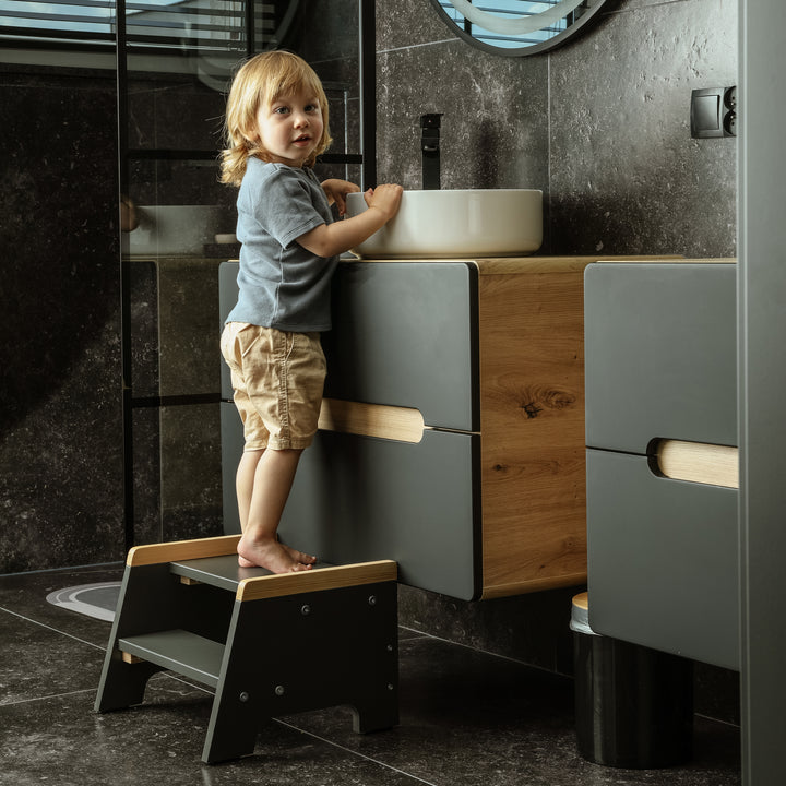 Love For Sleep baby Kitchen Helper Escabeau Montessori en pin anthracite – Escabeau réglable en bois pour tout-petit | Étape Nordique