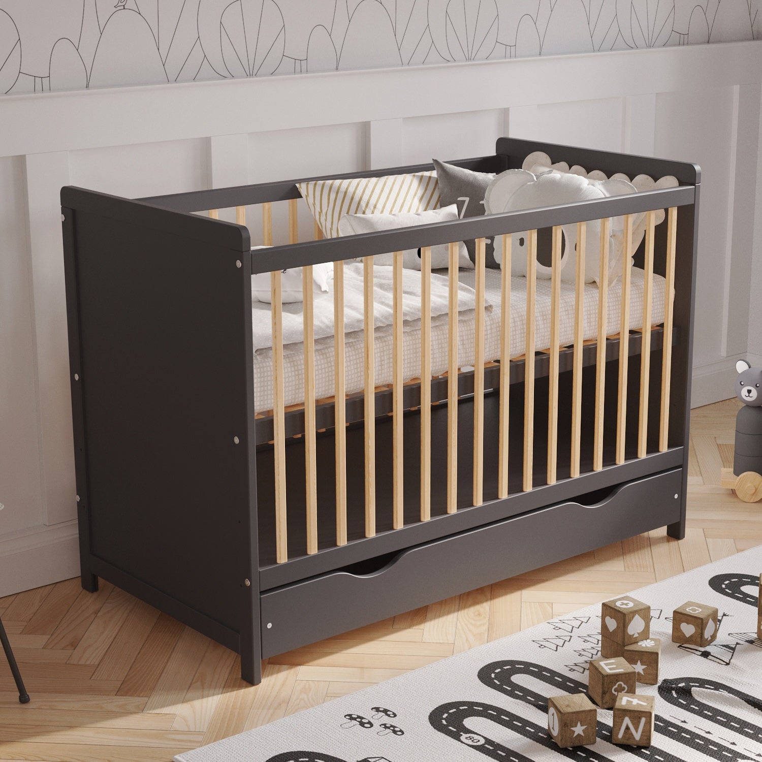 Lit bébé Love For Sleep Lit bébé TOKYO en pin anthracite 120x60cm avec tiroir