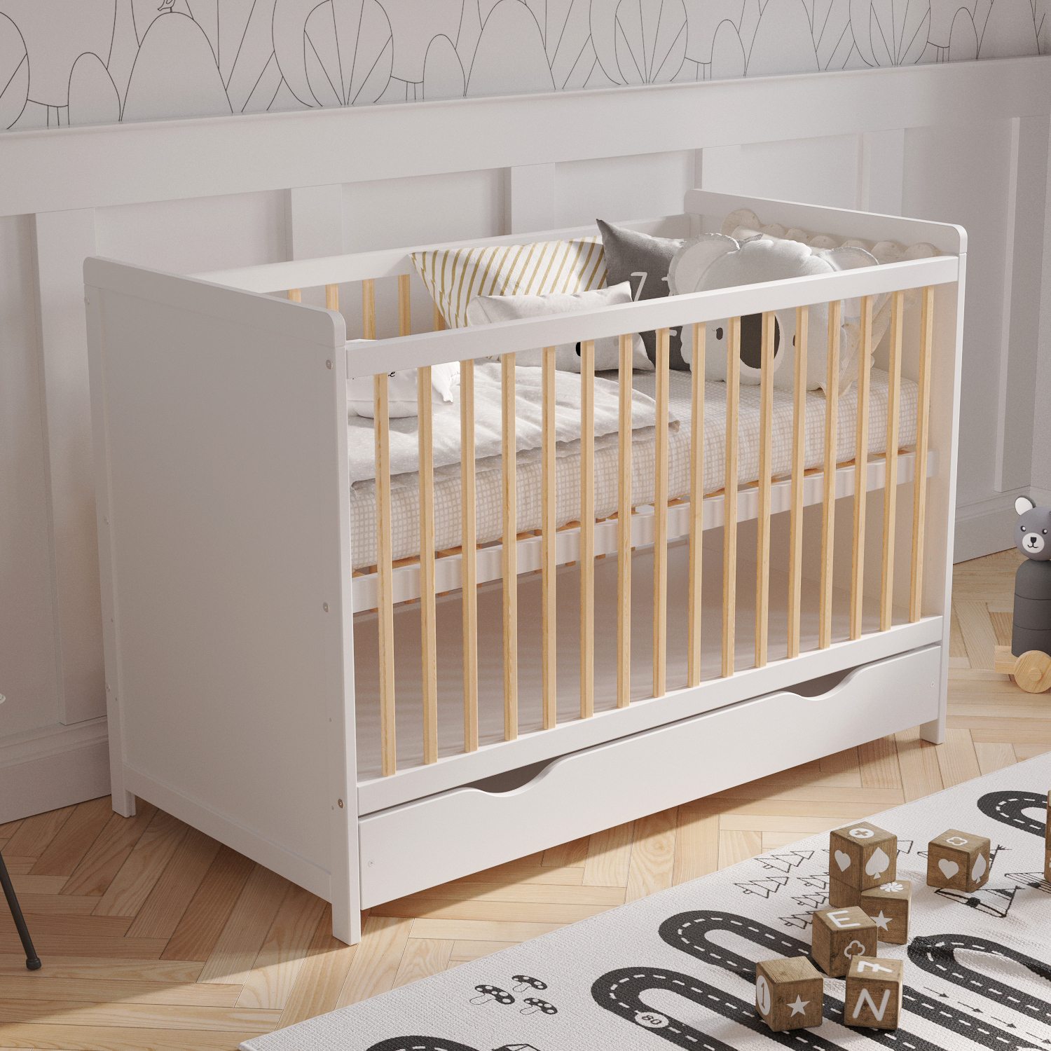 Love For Sleep baby Cot Bed White Pine TOKYO Cot Bed 120x60cm with Drawer